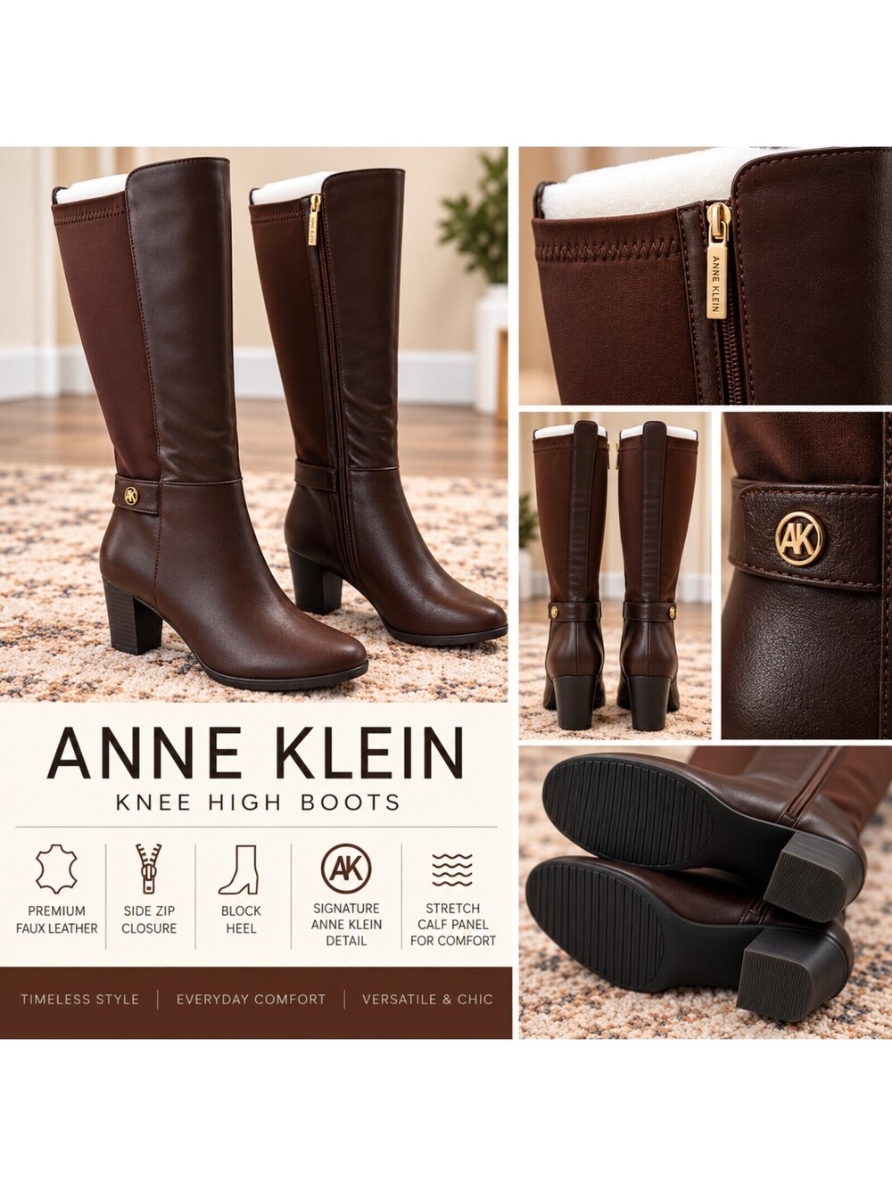 NEW Anne Klein Brown Knee High Boots Block Heel Women’s 6.5M NIB